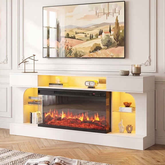 Sonegra 70 Inch Fireplace TV Stand, 3‑Sided Glass Electric Fireplace Media Console Fits Up to 80" TV, Entertainment Center with Shelves & Spacious Storage, LED Flame TV Cabinet for Living Room, White