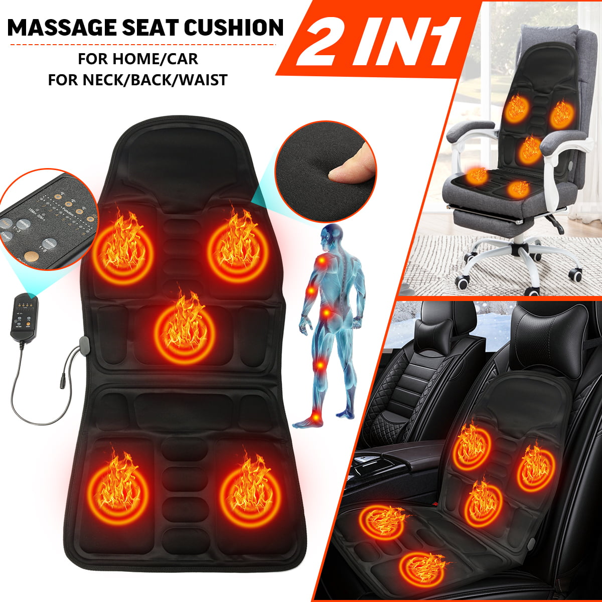 Heated Back Massage Massager Cushion Car Home Chair Seat Cushion Neck