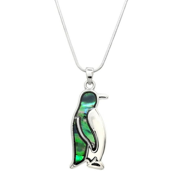 Penguin Pendant Necklace Abalone Shell Rhodium Plated 17 Inch Snake Chain J0710