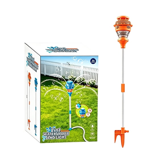 Luyimi 2-in-1 Bubble Machine for Kids, Ground Stake Bubble Tower with Water Sprinkler Function, Outdoor Summer Water Play Bubble Machine for Backyard Lawn Party Kids Gifts Orange