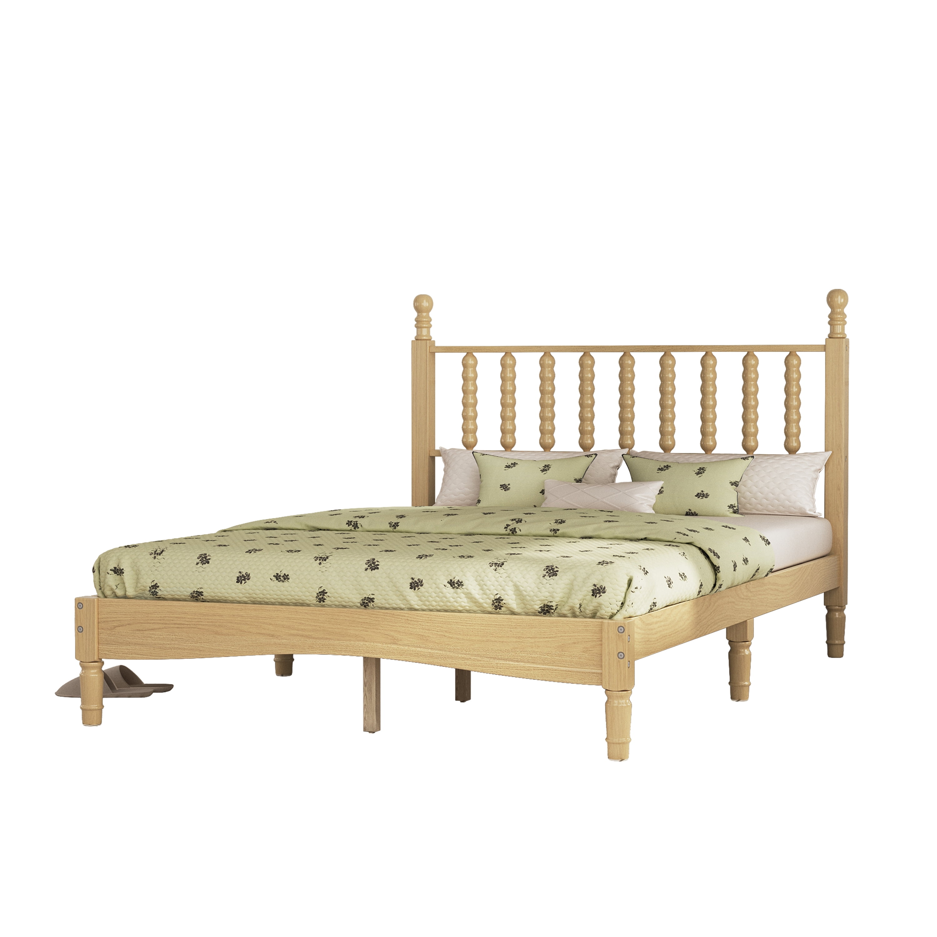 Euroco Wood Full Size Platform Bed, Retro Style Bed with Gourd Shaped Headboard, Natural