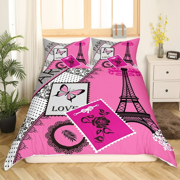 Erosebridal Eiffel Tower Butterfly Duvet Cover Toddler,Valentine'S Day Bedding Sets Toddler Size,Floral Decor,2pcs(No Comforter)
