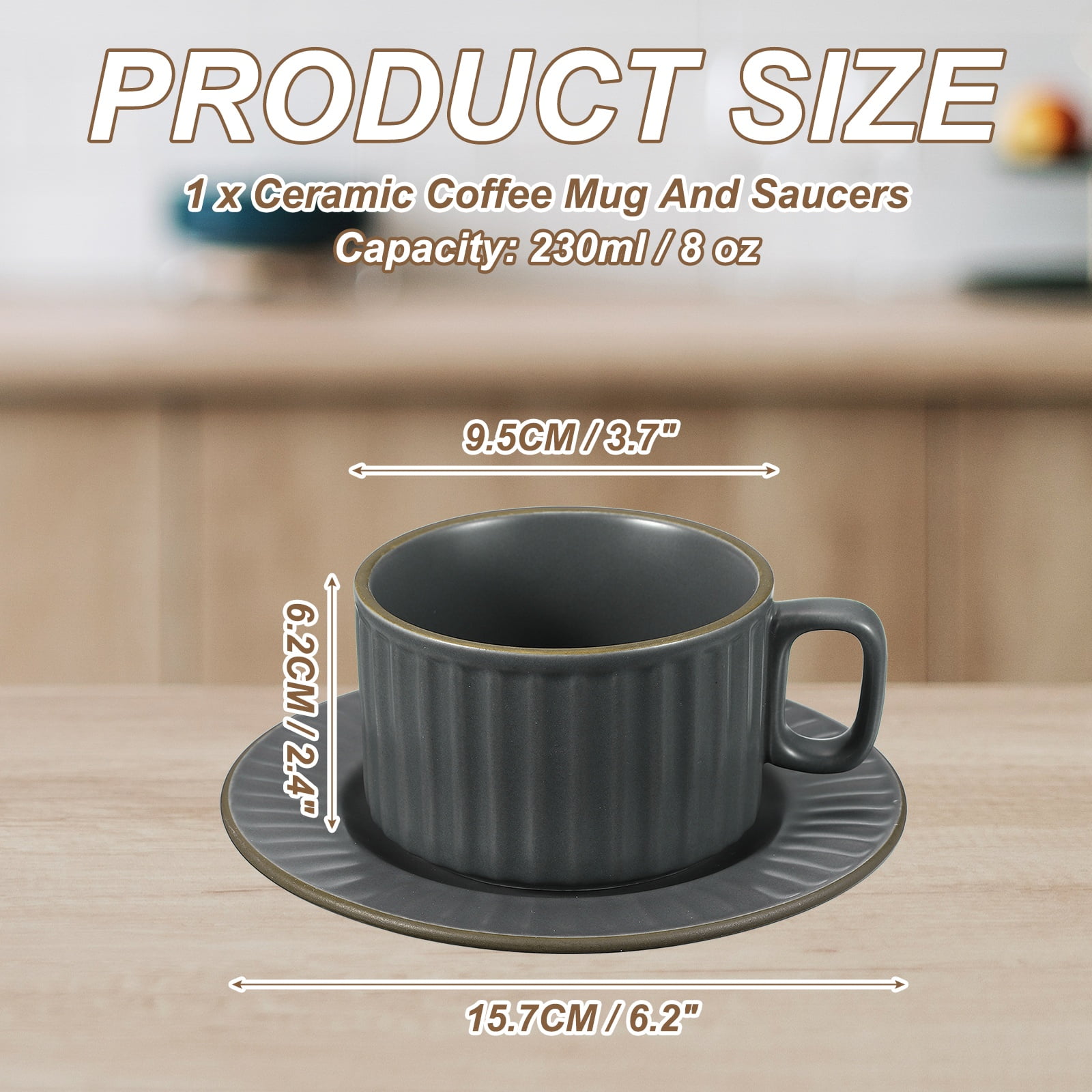 Uxcell Handmade Vintage Espresso Cups, 8 oz Coffee Cups and Saucers Ceramic Tea Cup with Handle Dishwasher and Microwave Safe for Latte Cappuccino Milk Office Home Gifts, Gray