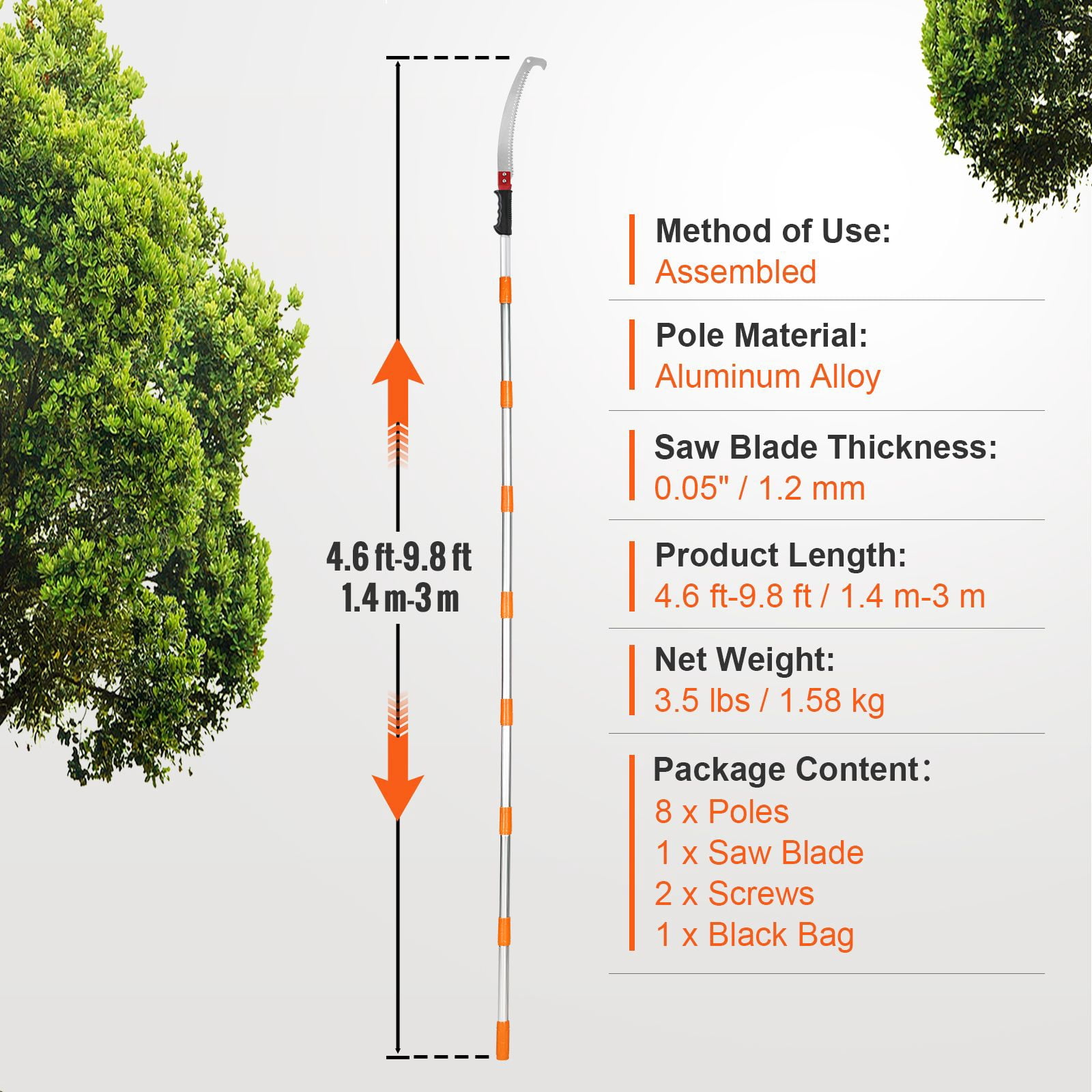 Manual Pole Saw 4.6-9.8 ft Extendable Aluminum Alloy Carbon Steel Blade for Pruning High Branches