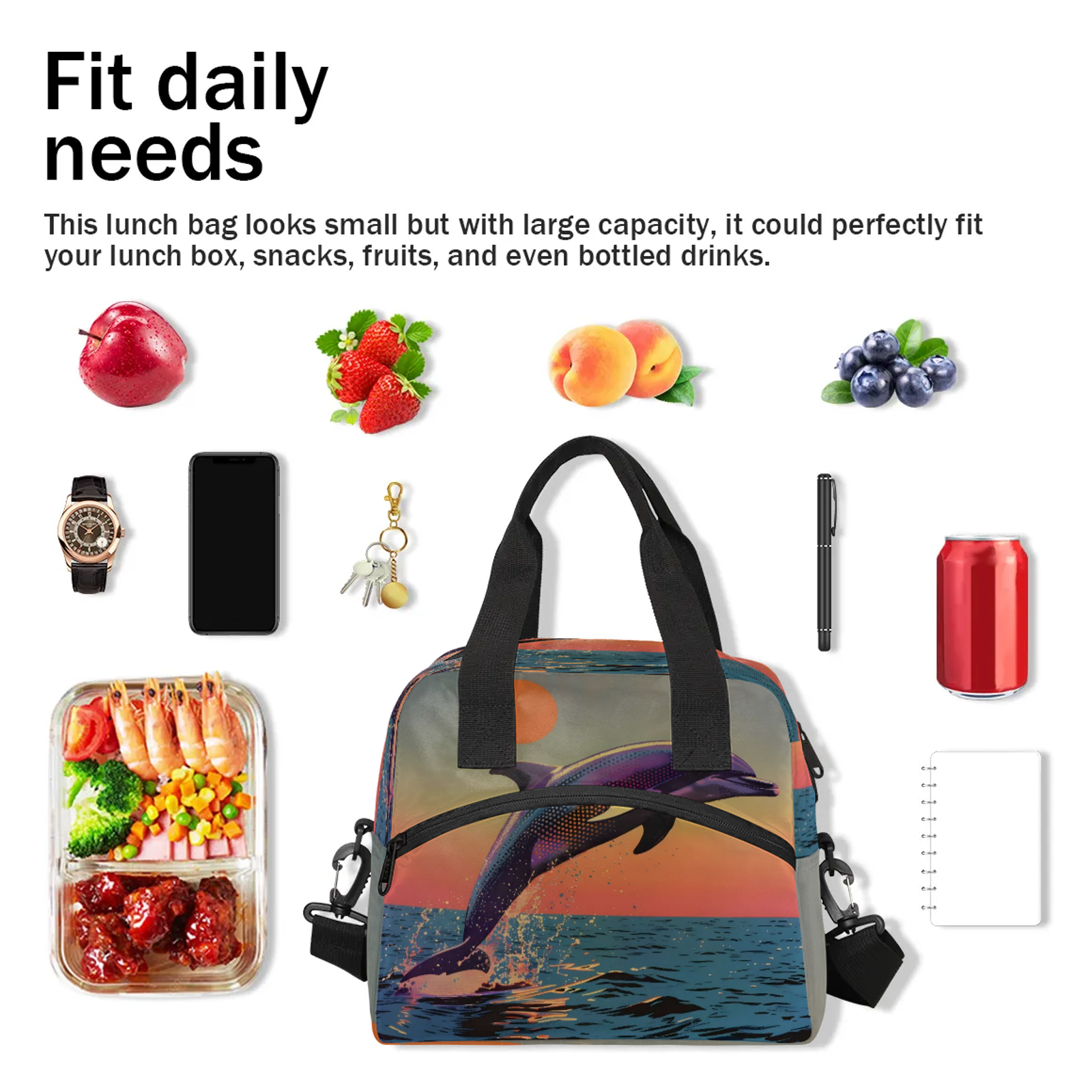 Herdesigns Dolphin Insulated Lunch Bag for Women Men Adult, Reusable Insulated Cooler Lunch Box Lunch Tote Bag for Work Picnic Beach
