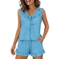 thumbnail image 5 of Riecok Womens Pajama Sets Shorts 2 Piece Outfits Ruffle V Neck Sleeveless Tops and Shorts Stylish Matching Clothing Light Blue 2XL, 5 of 8