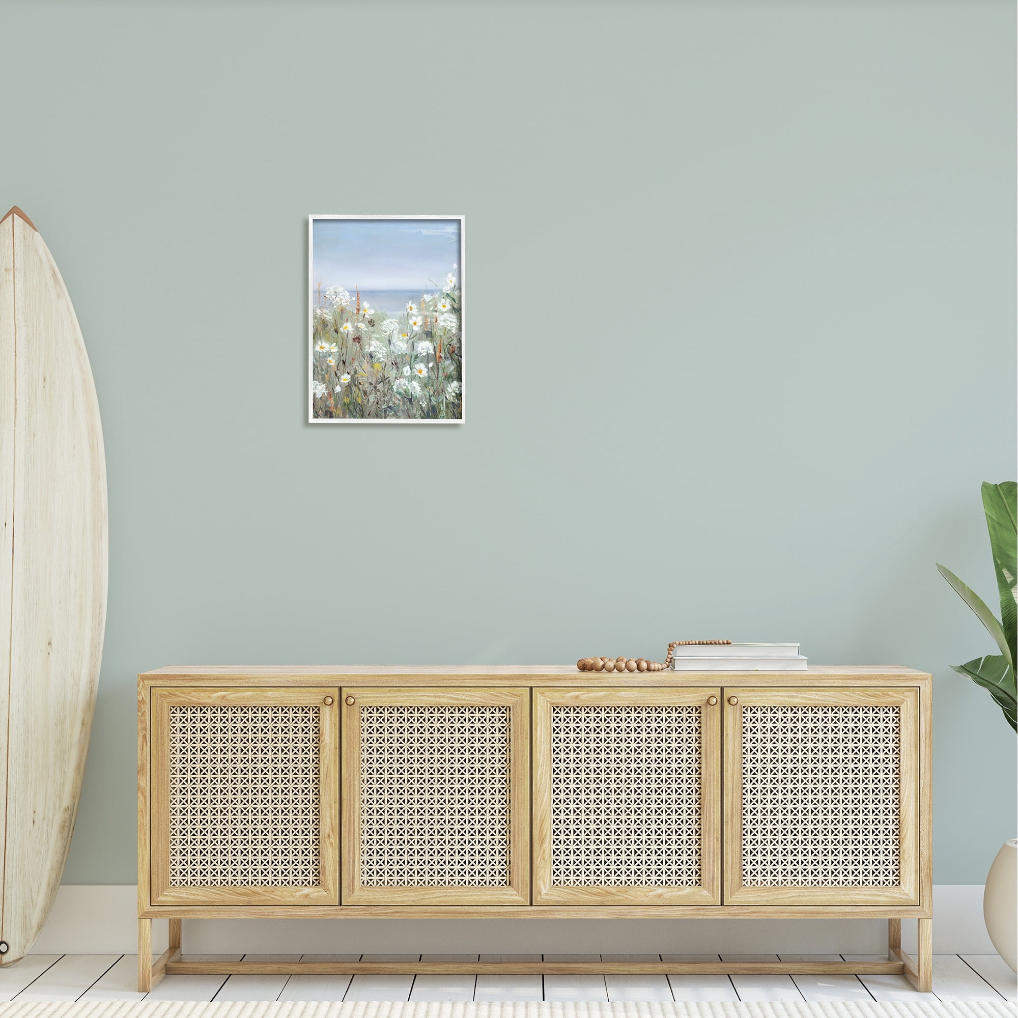Stupell Industries Spring Daisy Flower Blooms Beachside Ocean View Painting White Framed Art Print Wall Art, Design by Sally Swatland