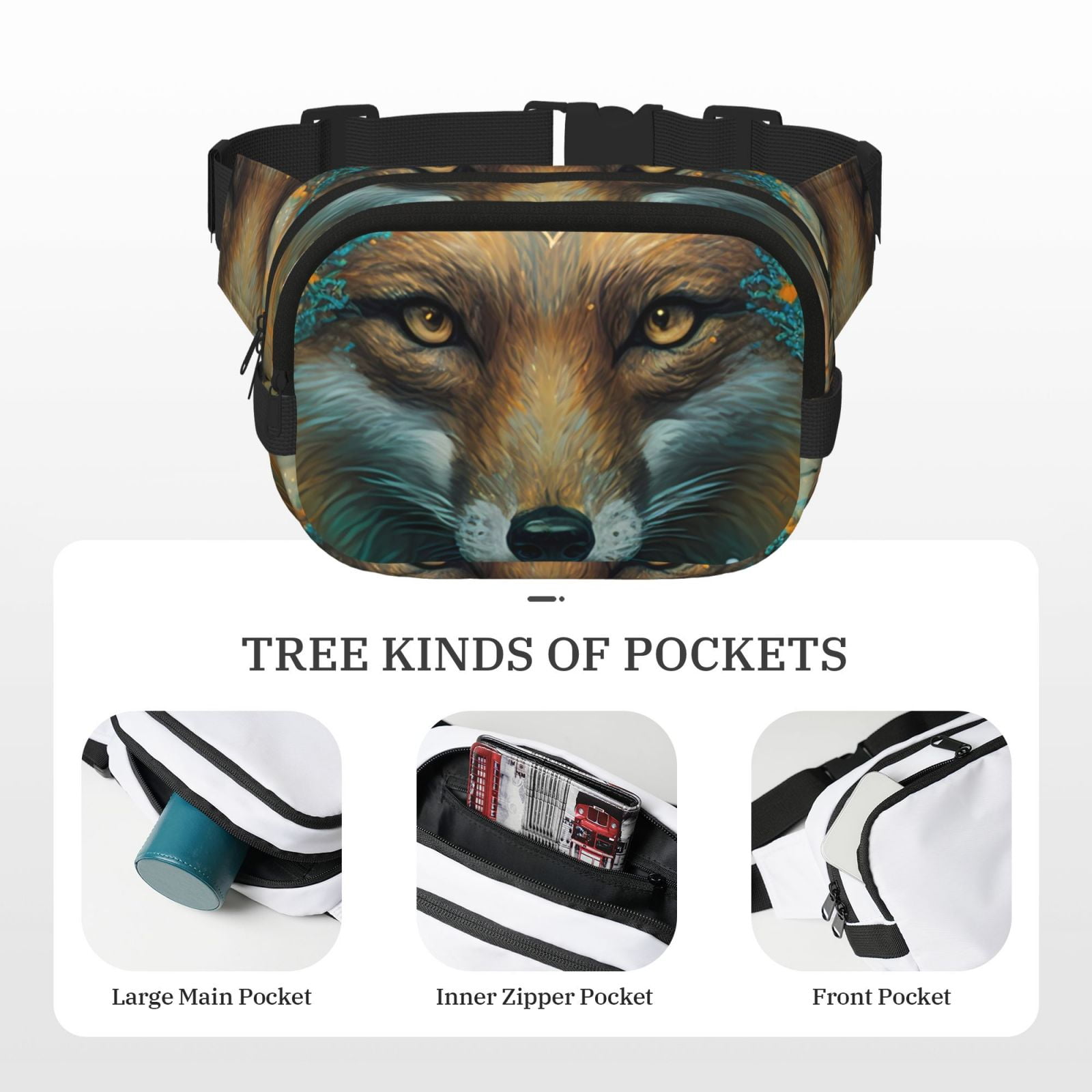 Picia Vintage Pattern Fox Print Square Double-Layer Waist Bag Mini Adjustable Waist Belt Bag Exercise Running Travel Hiking
