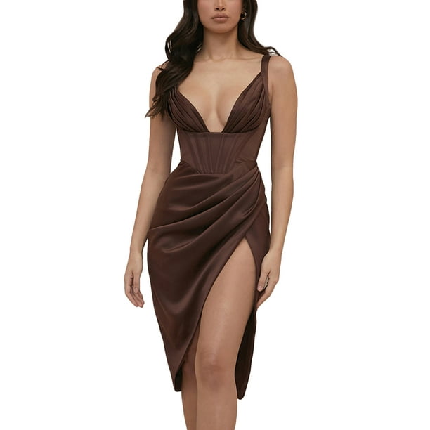Txlixc Ladies Temperament Fishbone Slip Dress, Color sólido Escote en V Sin Mangas Sin Espalda Lado Dividido Delgado Fruncido Falda Media Ropa de Noche Txlixc Estilo de ocio