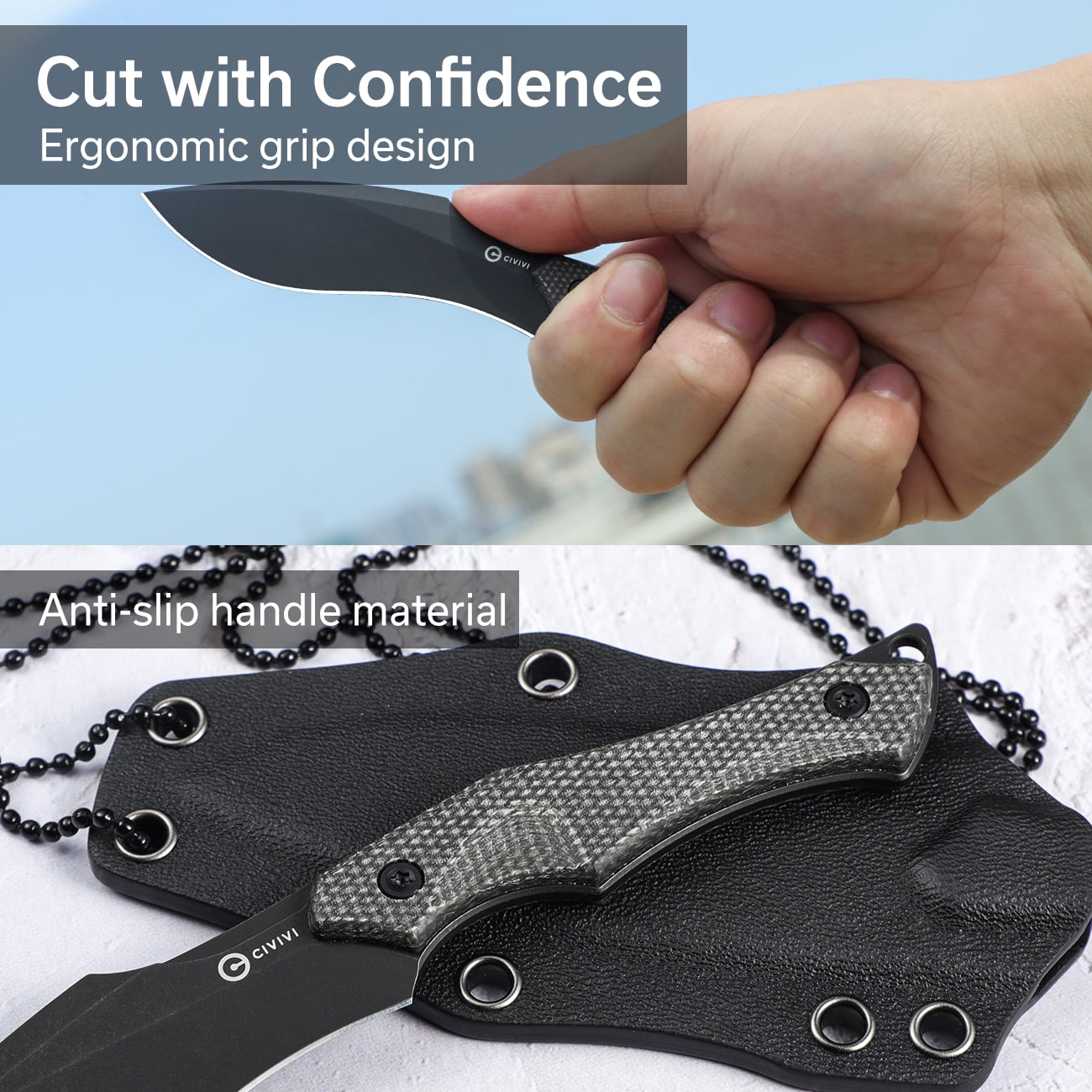 CIVIVI Vaquita II Mini Kuri Knife with a Kydex sheath and a Chain C047C-3