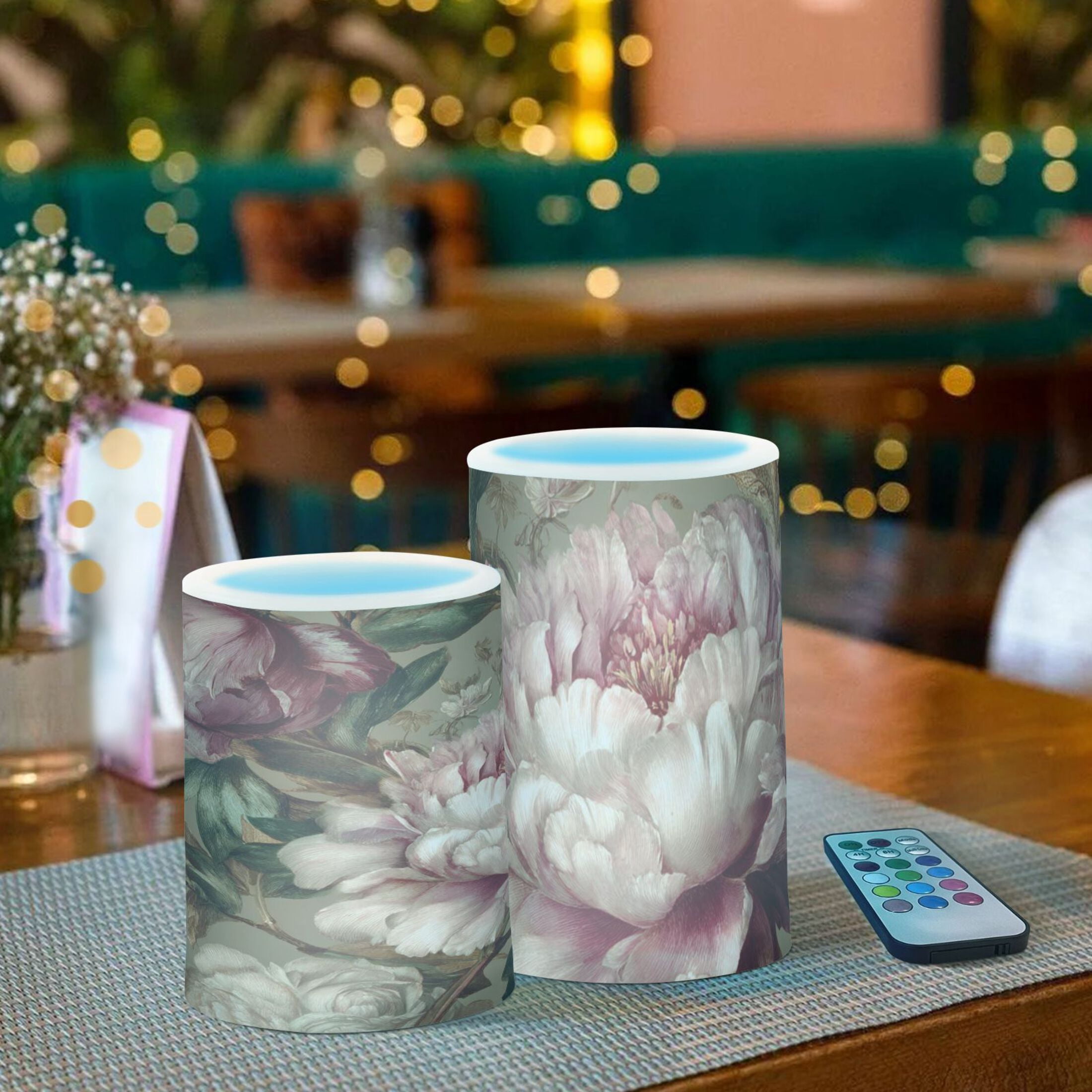 Peony Flickering Flameless Candles Battery Operated with Remote Timer LED Pillar Candles Set of 2