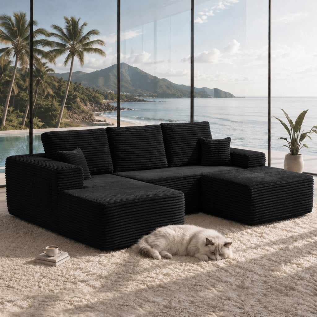 Cloud Sectional Sofa 104 Inch, U-Shape Modular Couch with Side Pockets and Deep Seating, Upholstered Living Room Sofa, No Assembly Required, Black, Left Chaise
