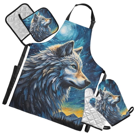 Wolf under Night Sky 5 Pcs Kitchen Set Heat Resistant Oven Mitts and Non-Slip Pot Holders with Adjustable Cooking Apron