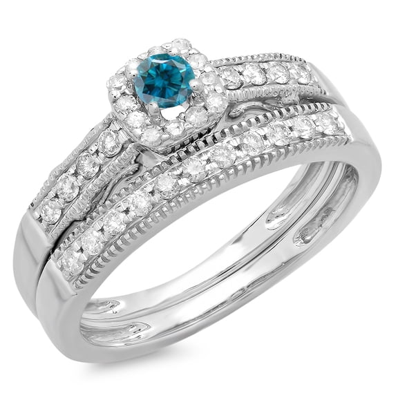 Dazzlingrock Collection 0.50 Carat (ctw) 10K White & Blue Diamond Halo Engagement Bridal Ring Set 1/2 CT, White Gold, Size 8.5