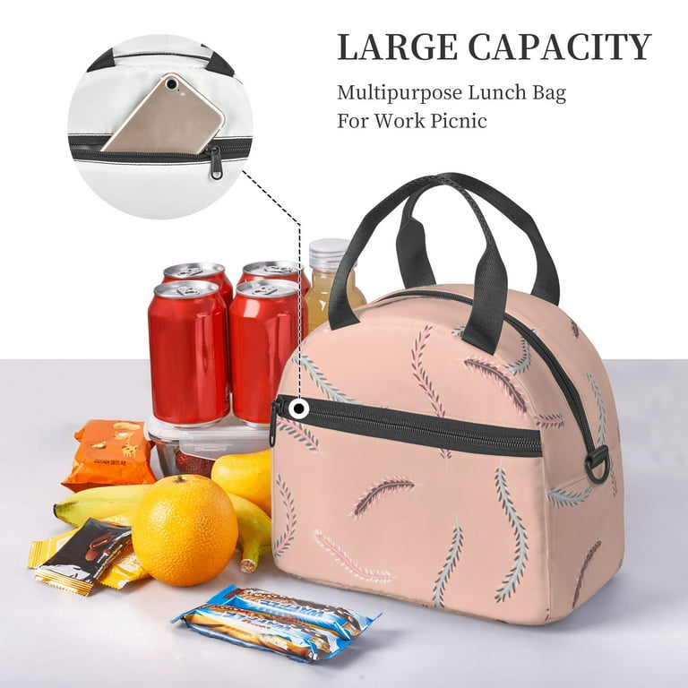 DouZhe Lunch Bags for Women and Men, Bohemian Elegant Pink Feather Prints  Reusable Portable Insulated Cooler Waterproof Lunch Tote Bag for Travel  Work School Picnic 
