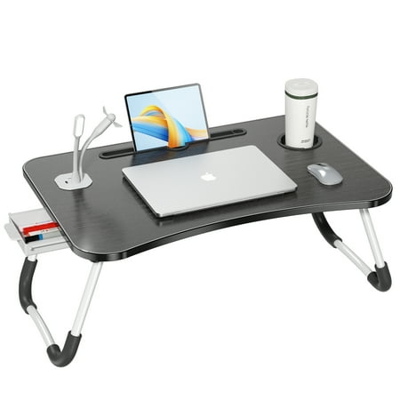 Folding Laptop Desk Portable Bed Tray Table with 4 USB Ports Cup Holder and Draw Lap Desk for Working Reading Writing Eating for Bed Sofa Couch Floor with Mini Lamp & Fan