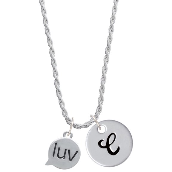 Delight Jewelry Silvertone Text Chat - luv - Love - Silvertone Script Initial Disc - C - Charm Necklace, 20"+3"