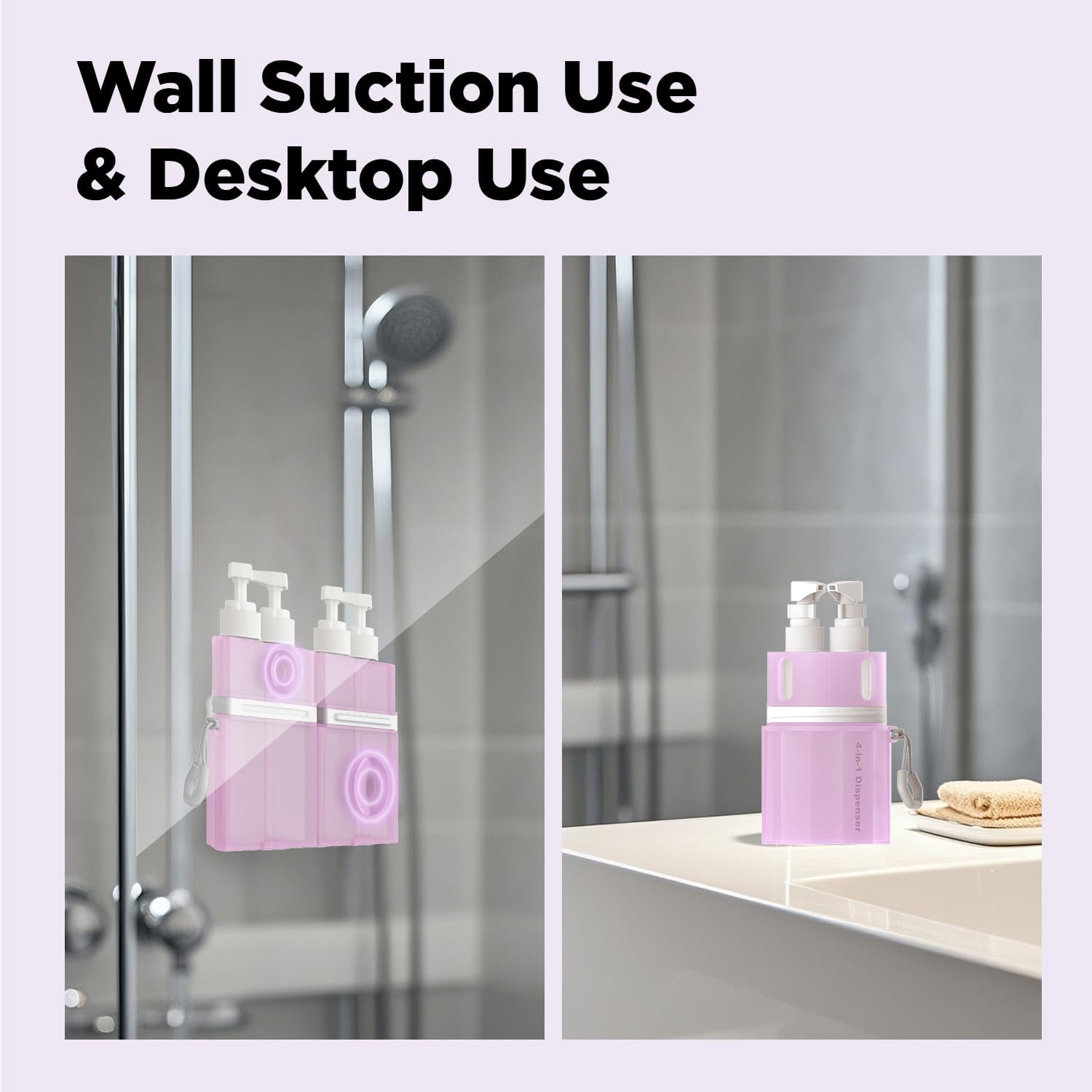 4 in 1 Travel Toiletry Containers, Refillable Travel Size Toiletries Bottles Set with Suction Cup for Smooth Walls - for Shampoo,Conditioner,Body Wash,Lotion