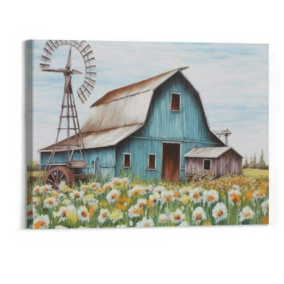 Creowell Turquoise Barn Canvas Wall Art，Embellishment Rustic Teal Barn Bathroom Decor Old Barn Painting Framed for Farmhouse Ready to Hang ( 20x16 Inch)