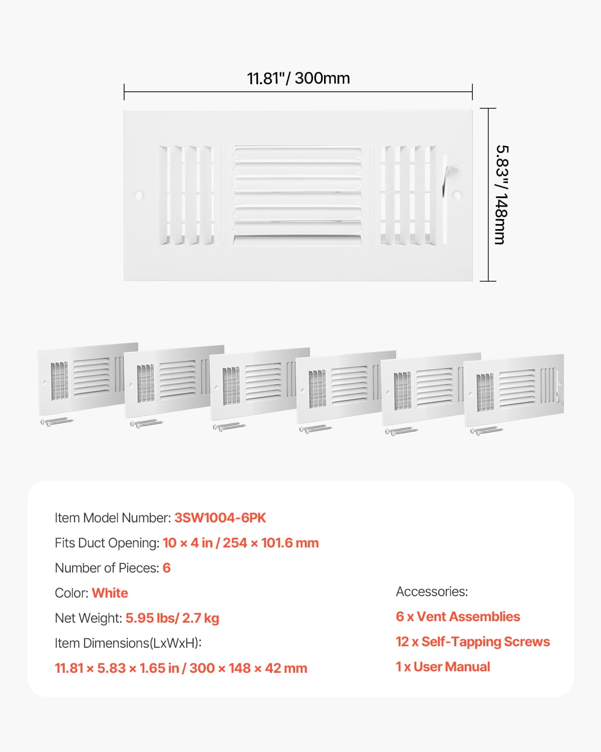 VEVOR 4 x 10 Inch Air Vent Covers, 6-Pack Floor Vents, HVAC 3-Direction Iron Vent Grilles for Home/Office Wall & Ceiling,Rustproof Anti-Peeling Air Vents Deflector Adjustable with Metal Damper,White