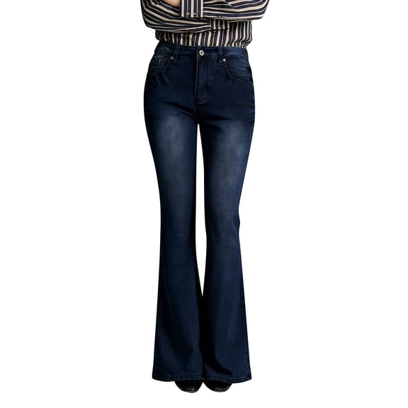 QURATI Women's High Waisted Flare Jeans | Retro Stretchy Bell Bottom Denim Pants Womens Bottoms Dark Blue L