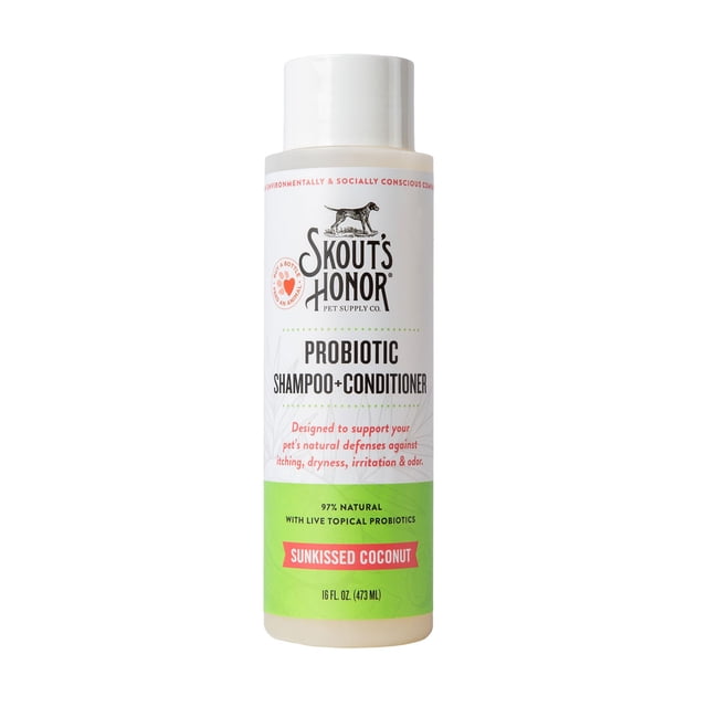 Champú y acondicionador probiótico para mascotas Skout Honor con aceite de aguacate y omega-3, 97% natural, sin parabenos ni sulfatos, libre de crueldad animal, 16 oz, coco bañado por el sol