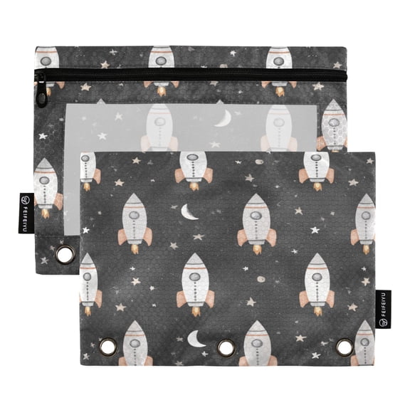 2 Pack 3 Ring Binder Pouch with Clear PVC Window Water Resistant Zipper Pencil Pouch Black Space Rocket Pattern Binder Pocket for Classroom Office Home Stationery Organization