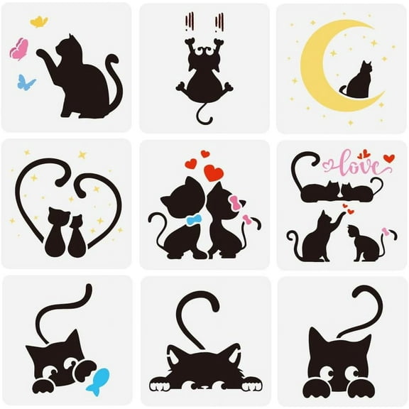 FINFERINSPIRE 9 PCS Peeping Cat Stencils for Painting 5.9x5.9inch Reusable Cute Cats Drawing Templates Plastic Moon Star Heart Pattern Painting Stencils Butterfly