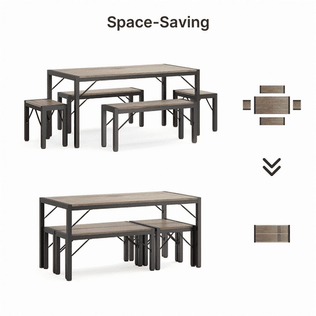 Aiho 63" Dining Table Set for 6, Kitchen Table with 2 Stools & 2 Benches, Wood Dining Room Dinette Sets with Metal Frame for Breakfast Nook and Small Space - Gray