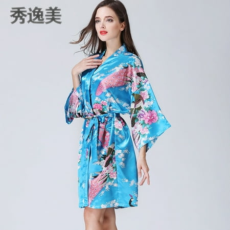 

Sleepwear women s autumn and winter in the sleeve simulation silk robe bathrobe sexy home wear spring and autumn peacock bathrobe Japanese kimono