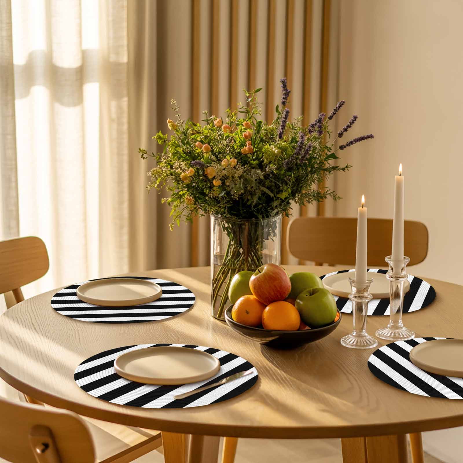 Black and White Striped Pattern Round Table Placemats set of 4, Minimalist Washable Woven Place Mats for Dining Tables Kitchen Party Decor,Heat Proof, 13in,
