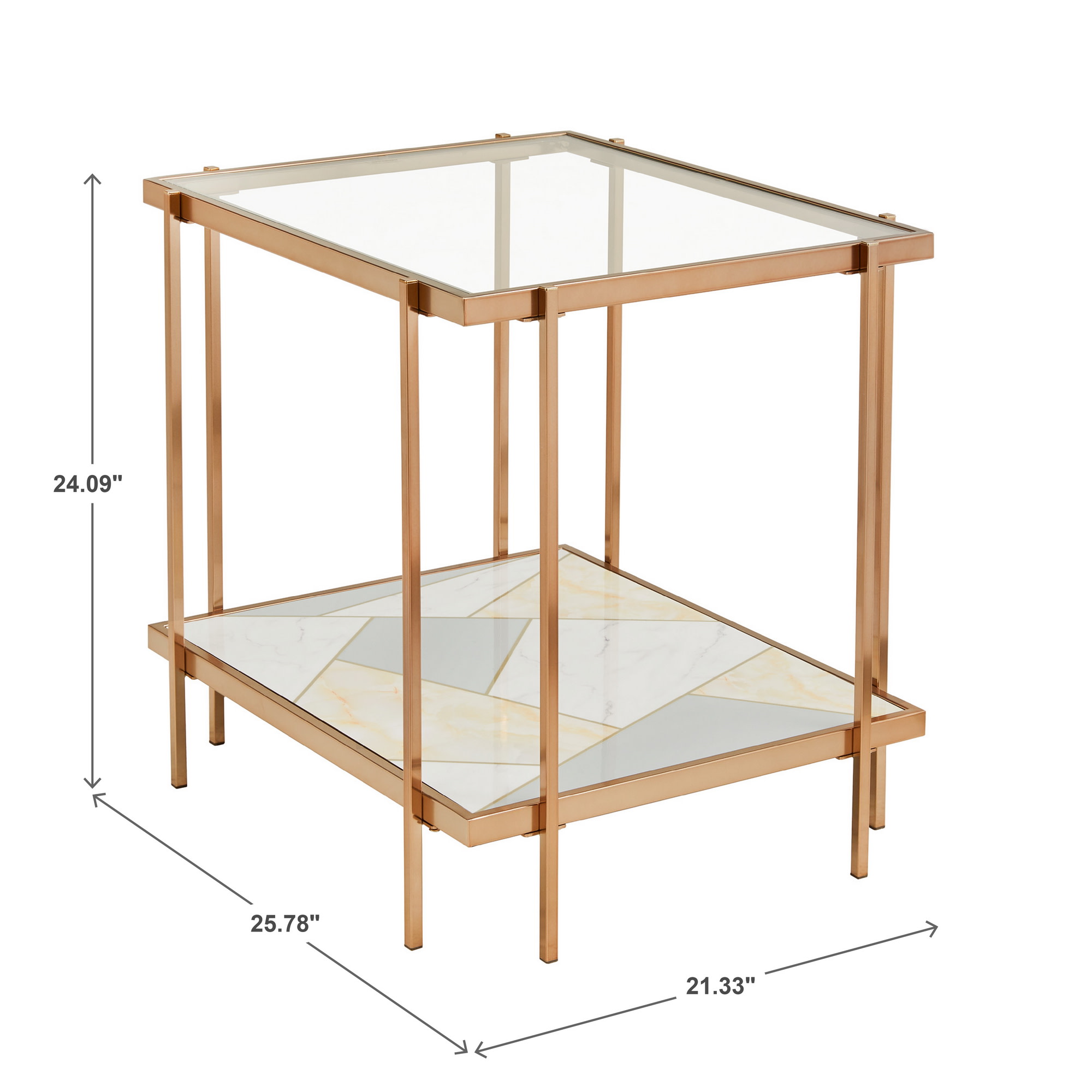 Weston Home Neponsit Metal and Glass End Table with Geometric Marble Pattern Bottom, Champagne Gold