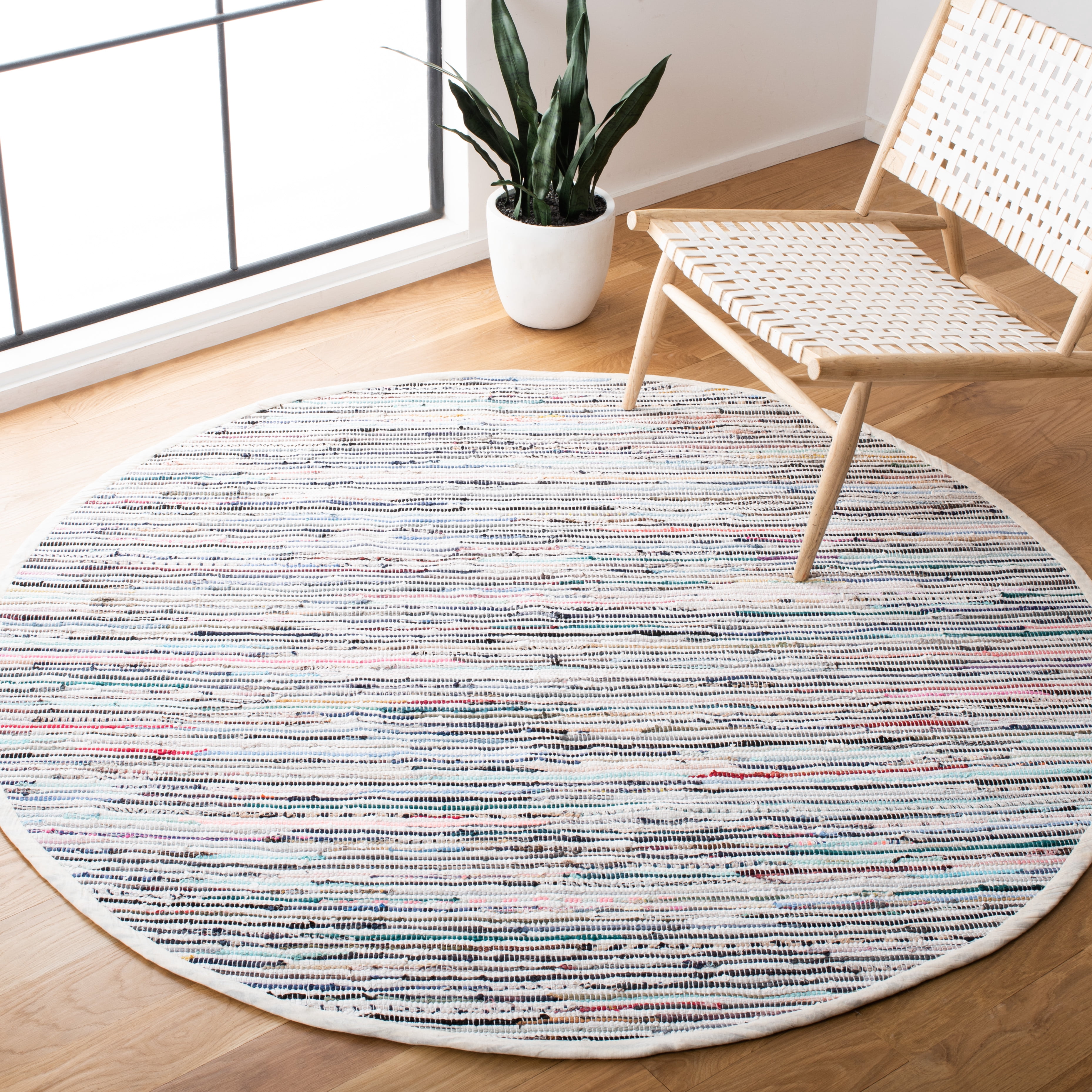 SAFAVIEH Rag Skylar Striped Cotton Area Rug, Ivory/Multi, 6' x 6' Round