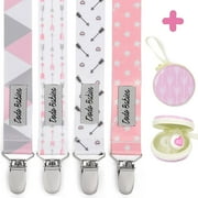 Dodo Babies Pacifier Clip Set - Four Clips Plus Binky Case - Universal Holder Fits Most Paci Brands, Teether Toys and Car Seats - Pink and Gray Prints for Girls or Boys