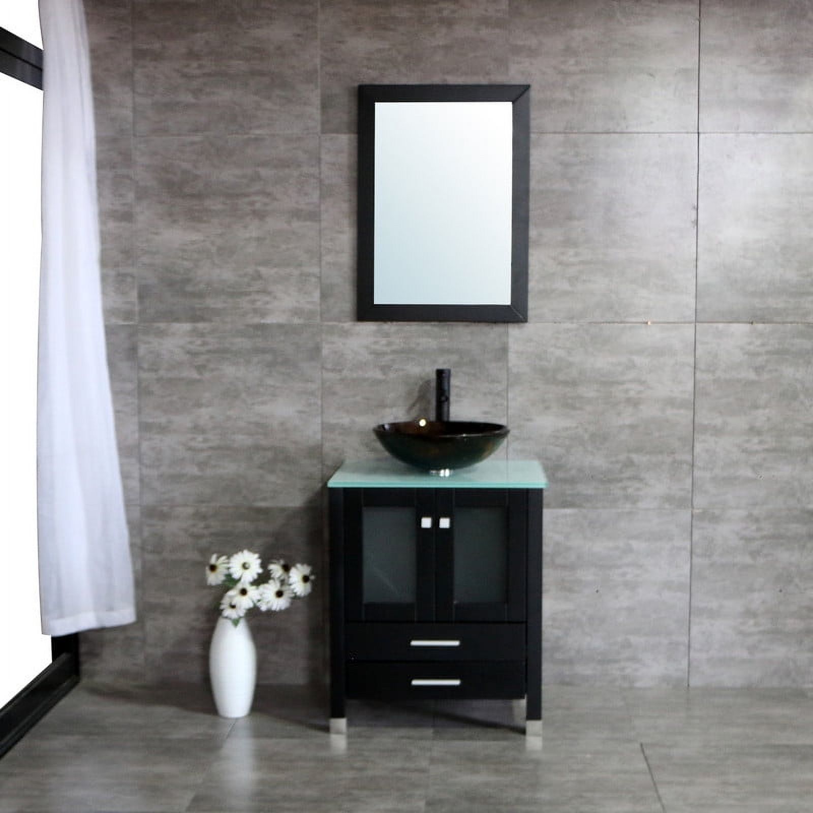 Walsport 24" Luxurious Wood Bathroom Vanity Cabinet Golden Brown Round Vessel Sink Vanity Cabinet Tempered Glass Top w/ Mirror,Black
