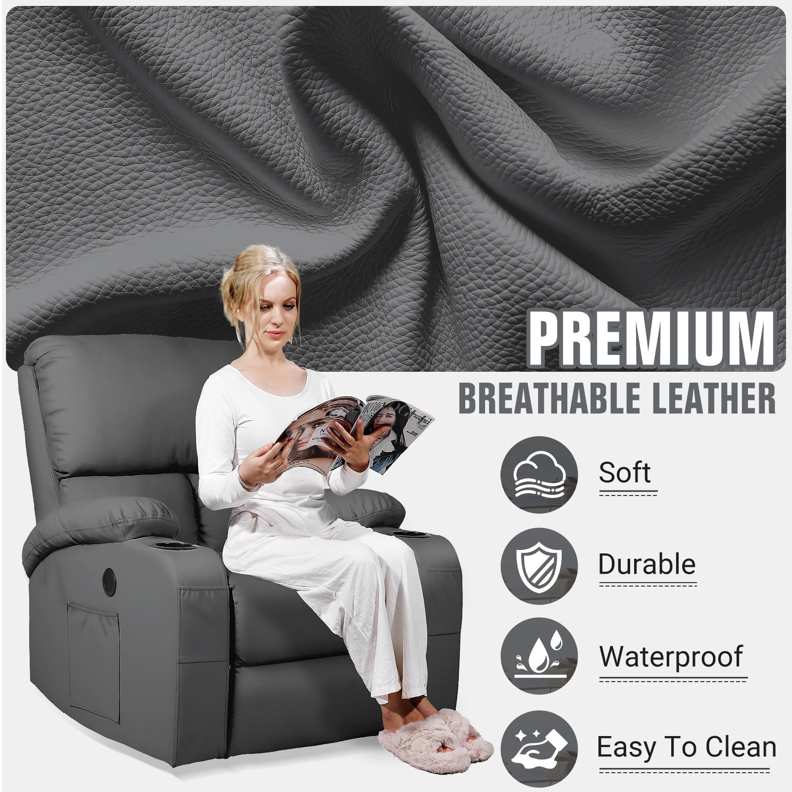 Rocking Recliner Chair, Massage Rocker Recliner Chair with Vibration Massage and Heat, USB and Type-C Ports,360° Swivel Faux Leather Chairs, Living Room, Bedroom, Nursery, RV, Dark grey