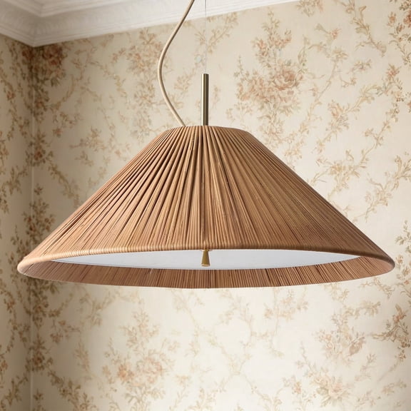 Rattan Pendant Light with Antique Brass Finish and Handwoven Shade, Low-Profile Round Fixture for Dining Room, Living Room, Bedroom, Entryway, Foyer