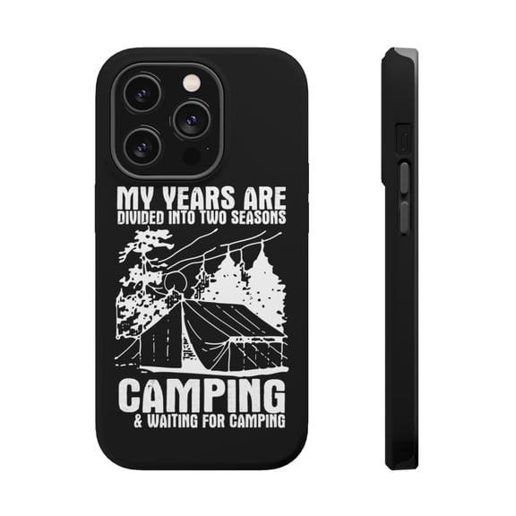 DistinctInk Tough Case for Apple iPhone 15 PRO (6.1" Screen), Compatible with MagSafe Charging - Two Seasons - Camping, Waiting for Camping