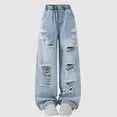 thumbnail image 5 of Xijirk Girls Pants Casual Denim Jeans Loose Wide Leg Trousers With Heavy Distressed Elastic Waist Solid Color For Summer Daily Wear,Blue,7-8 Years, 5 of 9