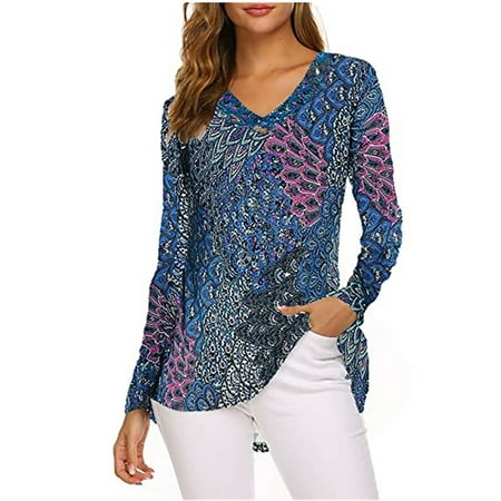 

Ziloco Women Fashion Printed Casual V-Neck Long Sleeve Loose T-Shirt Blouse Tops maternity long sleeve shirts cute tops for women Blue XL