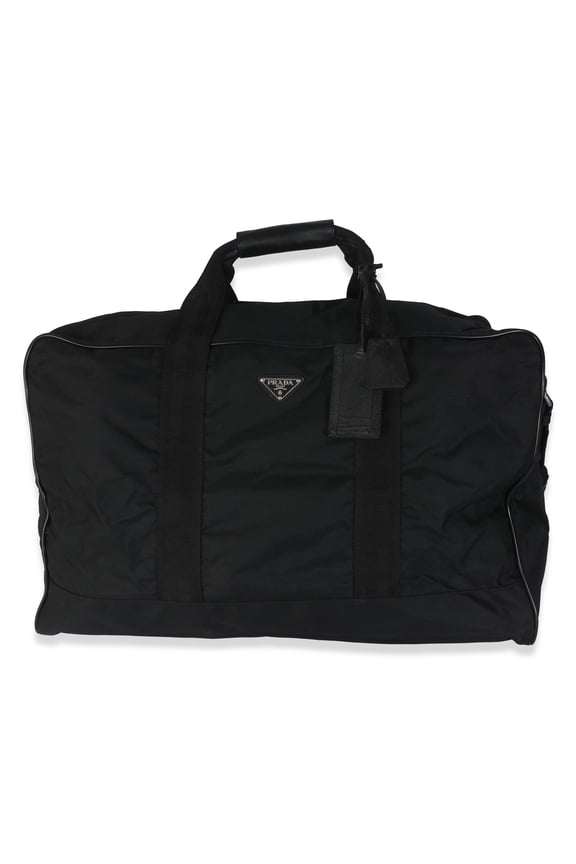 Pre-Owned Prada Black Tessuto Nylon Logo Plate Large Duffle Bag