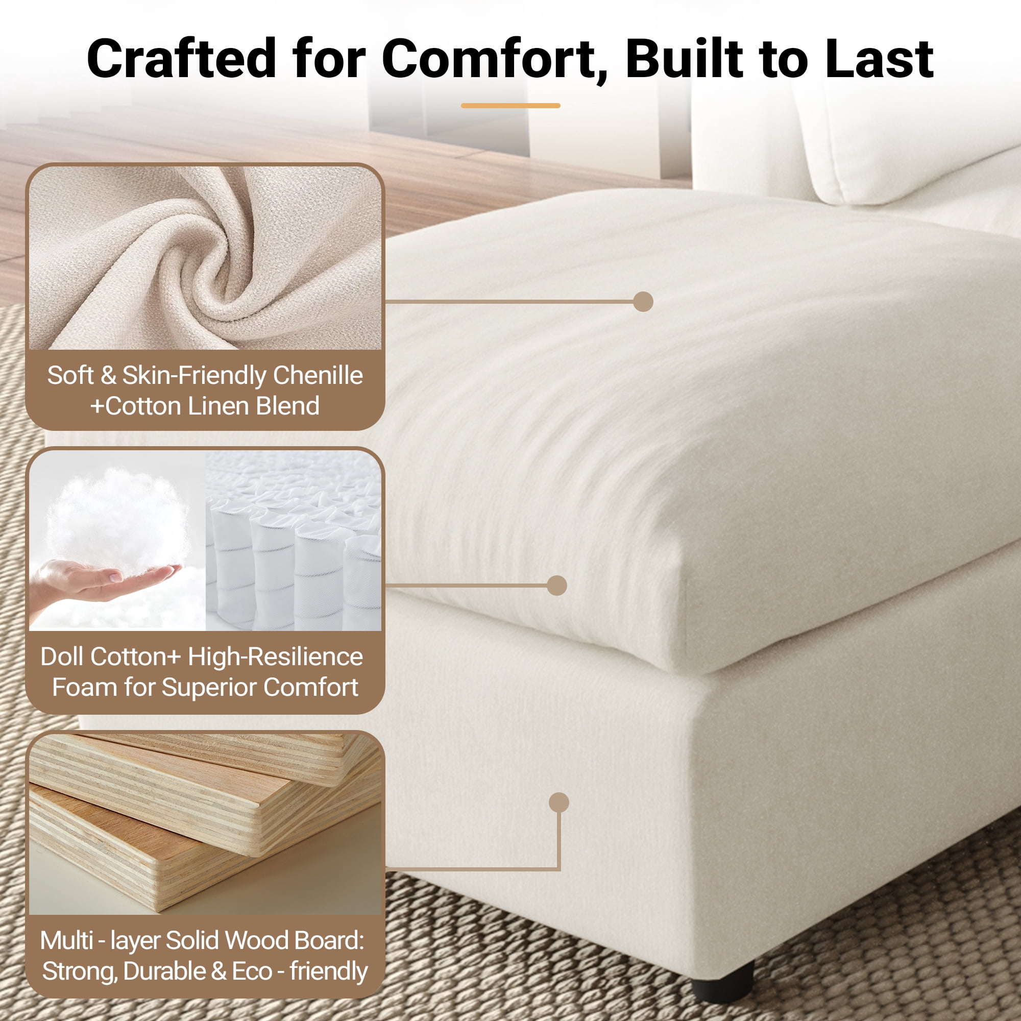 Magic Home Modular Sectional Sofa, Modern Chenille L Shaped Cloud Couches Beige Couch for Living Room, Apartment, Office, 4-Seat, Beige