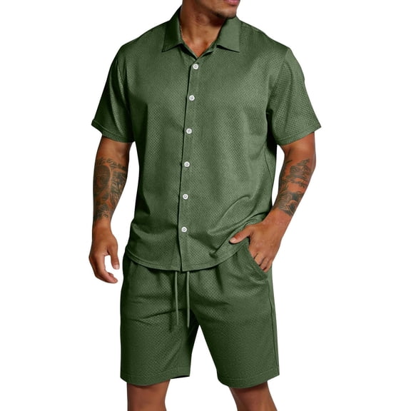CONZONE Mens 2 Peice Beach Outfits Solid Color Short Sleeve Buttons Up Shirts Shorts Sets Breathable Summer Tracksuits