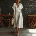 thumbnail image 2 of LNWUY Women's V Neck Linen Maxi Dress with Lace Trim Short Sleeve Solid Color Loose Pocket Long Dress Summer Casual Beach Dress White XXL, 2 of 7