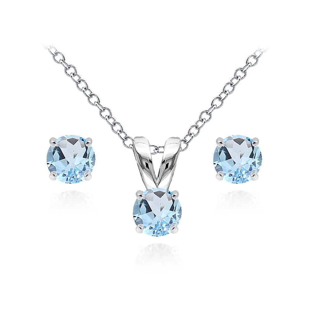 Sterling Silver Blue Topaz 5mm Round Pendant Necklace and Stud Earrings