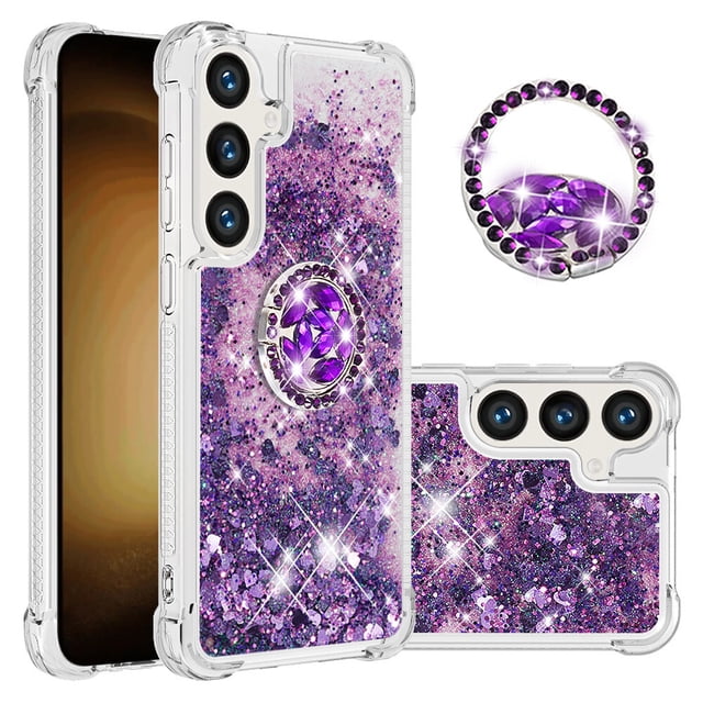 Funda para Samsung Galaxy S24 Plus 5G con Brillo Líquido Flotante, Purpurina, Parachoques y Anillo Giratorio Soporte