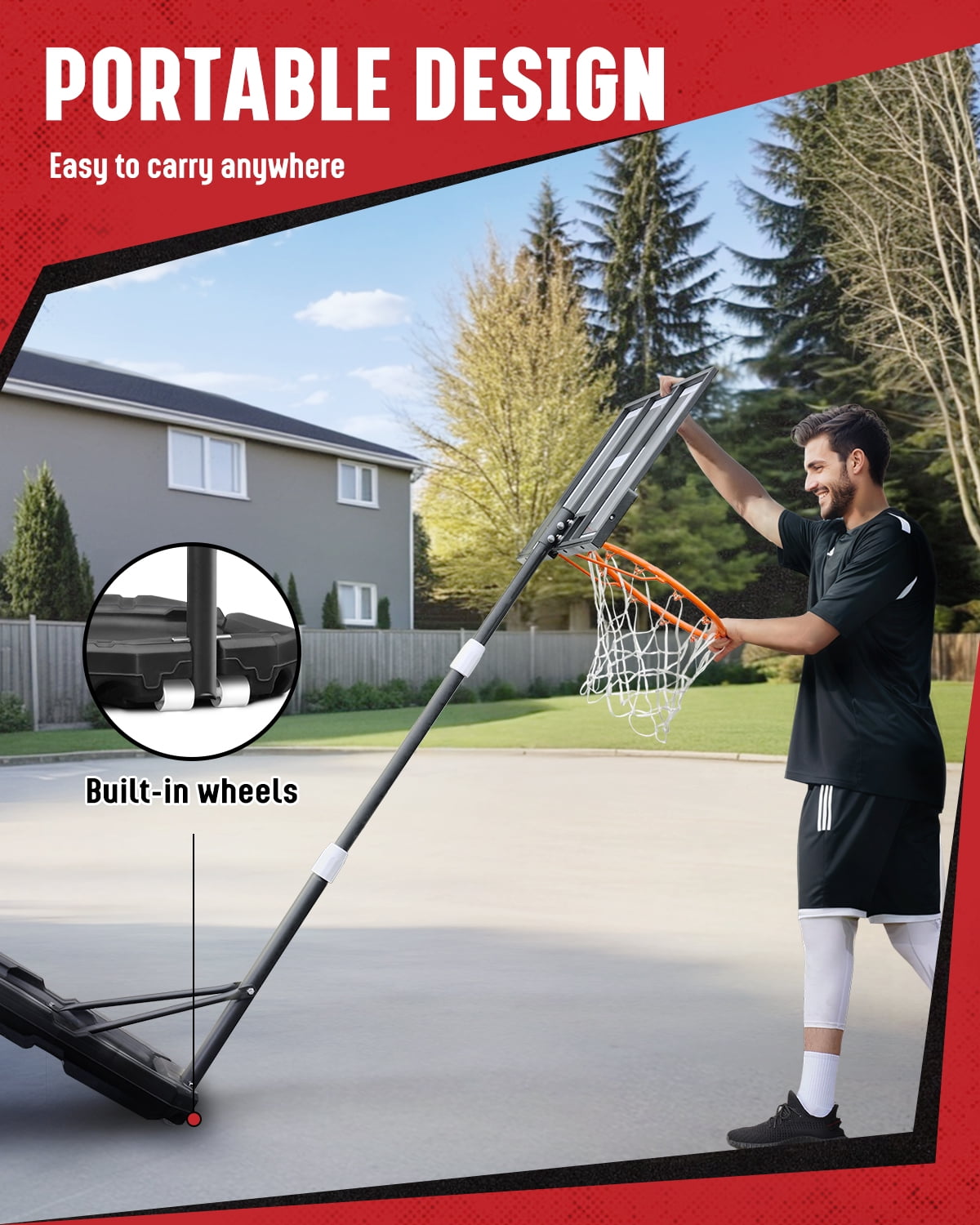SERAY Adjustable Basketball Hoop for Kids, Teens & Adults, 3.2-7.2 feet Height, Portable Basketball Goal with 29 inch Backboard & 2 Wheels for Indoor & Outdoor Use