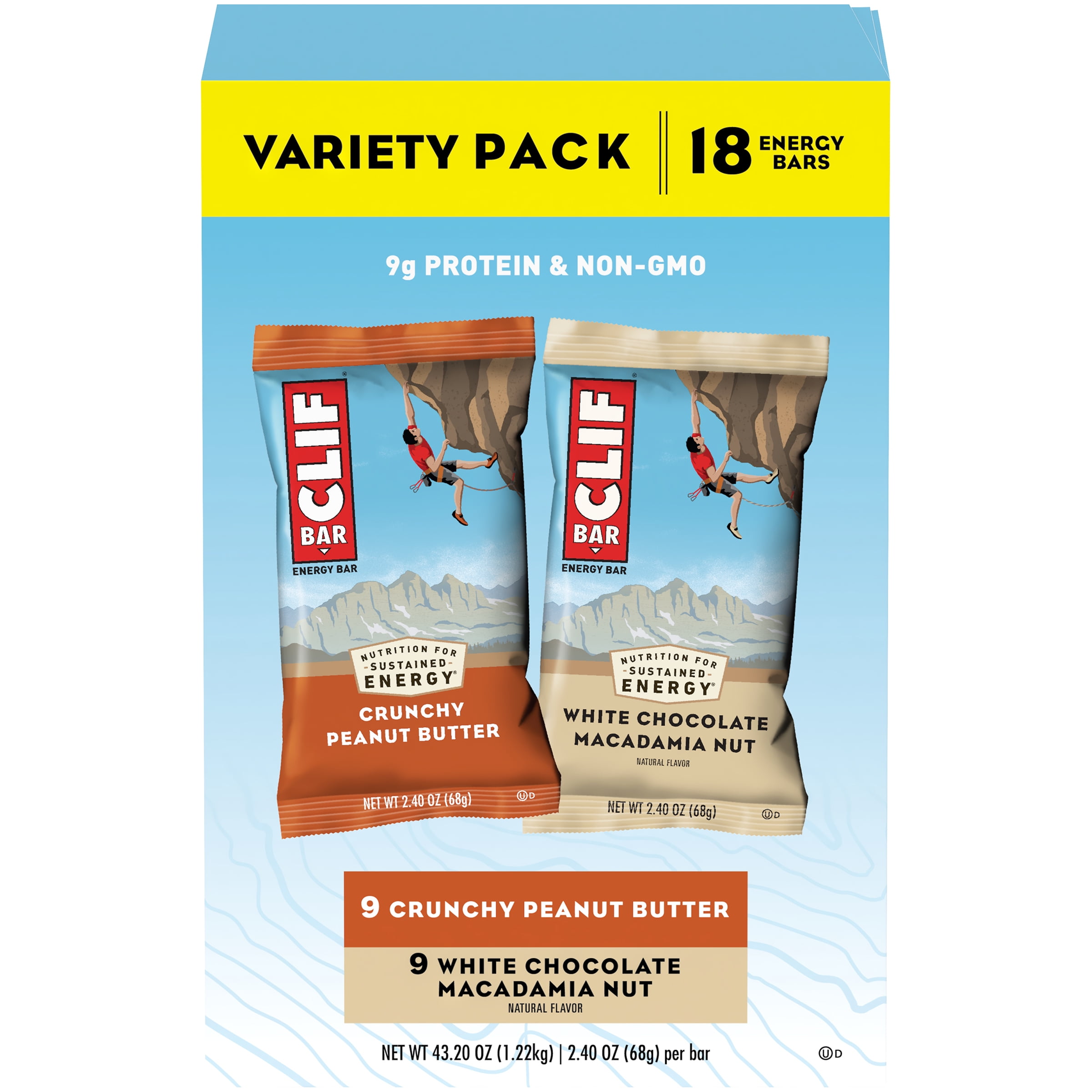 CLIF BAR® Energy Bars, Variety Pack, Crunchy Peanut Butter, White Chocolate Macadamia Nut, 9-11g Protein Bar, 18 Ct, 2.4 oz