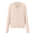 thumbnail image 6 of felwors Women's V Neck Long Sleeve Scalloped Knit Cardigan Lightweight Soft Sweater Beige, XXL, 6 of 8
