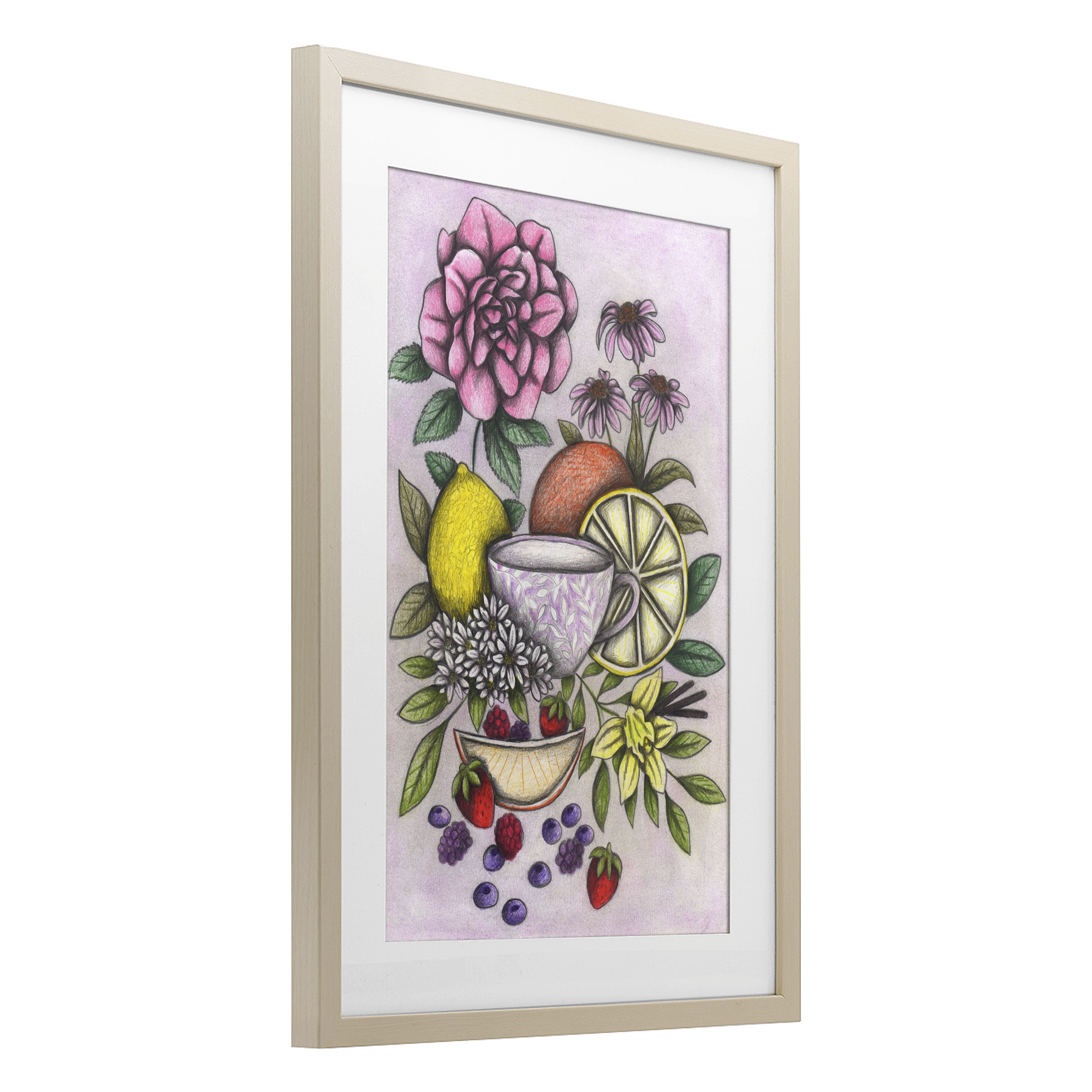 Rococo Tea with Fruits Birch Framed Print Under Glass, design by Cecilia Battaini